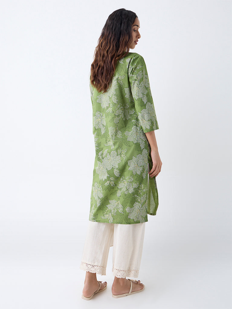 Utsa Green Floral Printed Cotton Straight Kurta - Image 4