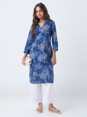Utsa Indigo Floral Printed Cotton Straight Kurta