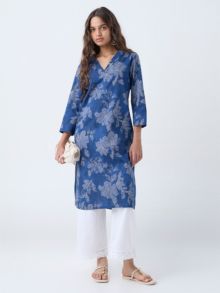 Utsa Indigo Floral Printed Cotton Straight Kurta