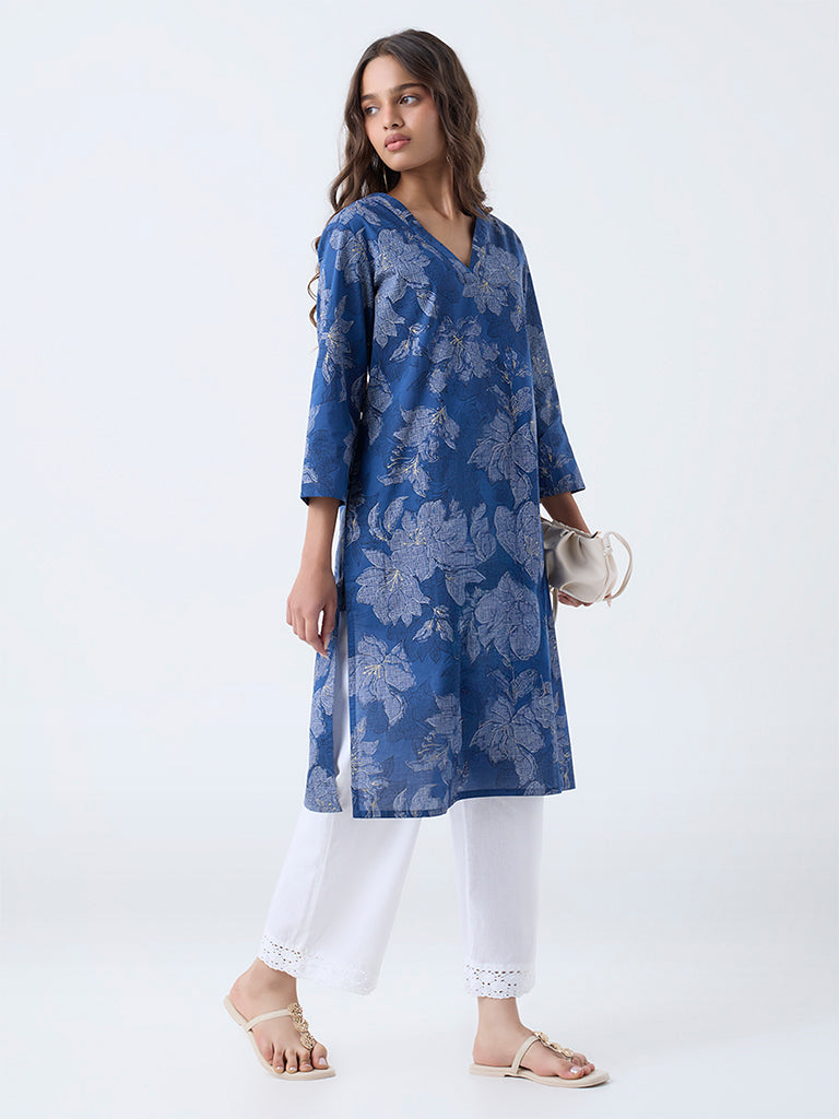 Utsa Indigo Floral Printed Cotton Straight Kurta - Image 2