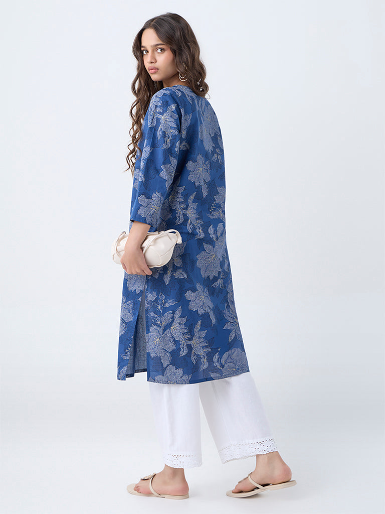 Utsa Indigo Floral Printed Cotton Straight Kurta - Image 4