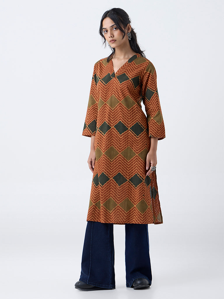 Utsa Rust Chevron Printed Cotton Straight Kurta