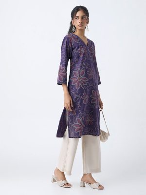 Utsa Purple Bandhani Print Straight Cotton Kurta