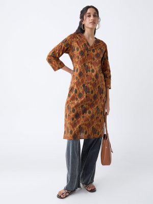 Utsa Mustard Printed Cotton Straight Kurta
