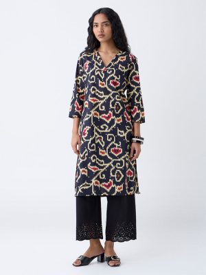 Utsa Black Ikat Design Straight Cotton Kurta