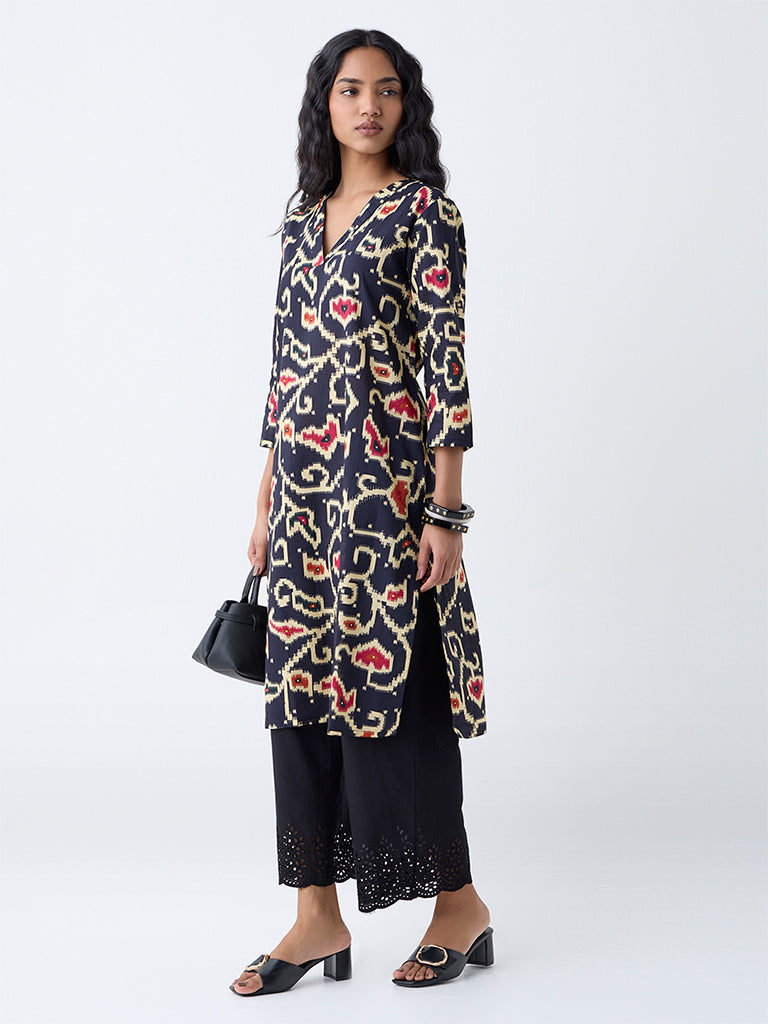 Utsa Black Ikat Design Straight Cotton Kurta - Image 2