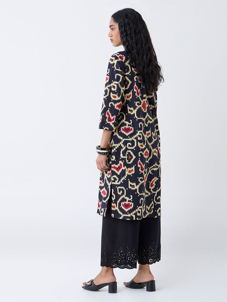 Utsa Black Ikat Design Straight Cotton Kurta - Image 4