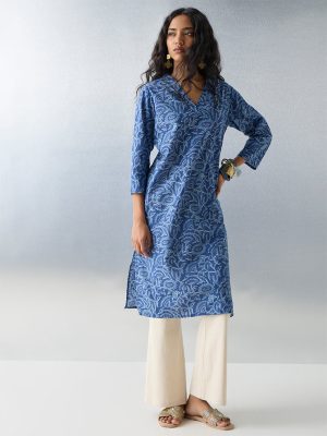 Utsa Indigo Floral Pattern Cotton Straight Kurta
