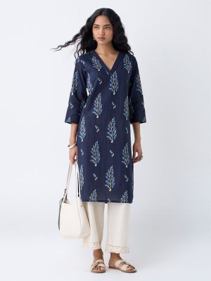 Utsa Indigo Botanical Design Cotton Straight Kurta