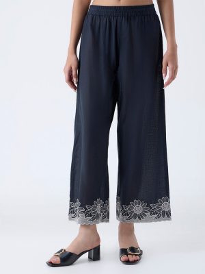 Utsa Black Floral Embroidered Cotton-Blend Pants