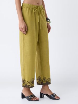 Utsa Lime Floral Embroidered Cotton Pants