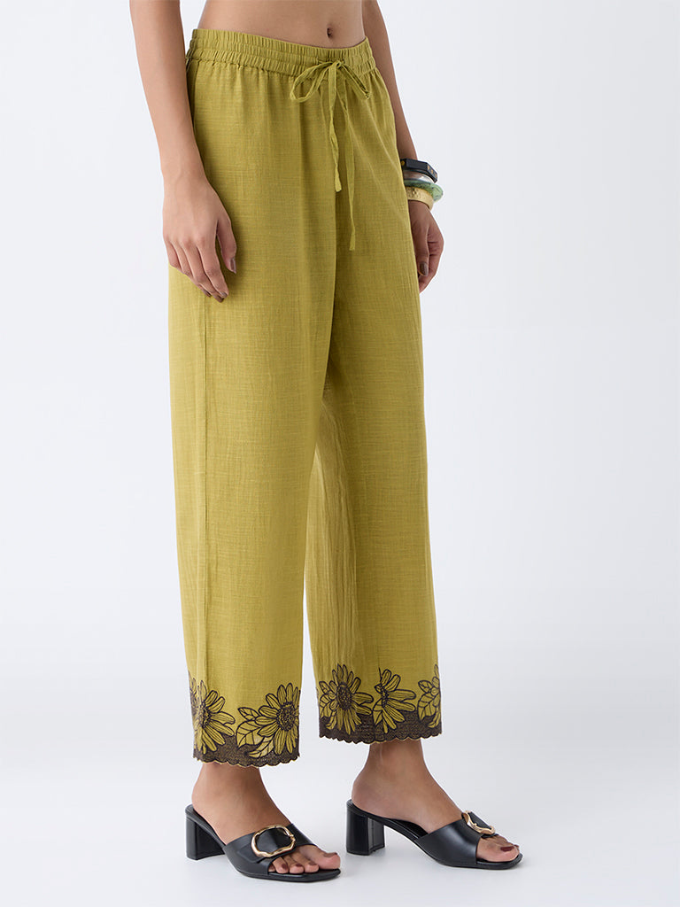Utsa Lime Floral Embroidered Cotton Pants