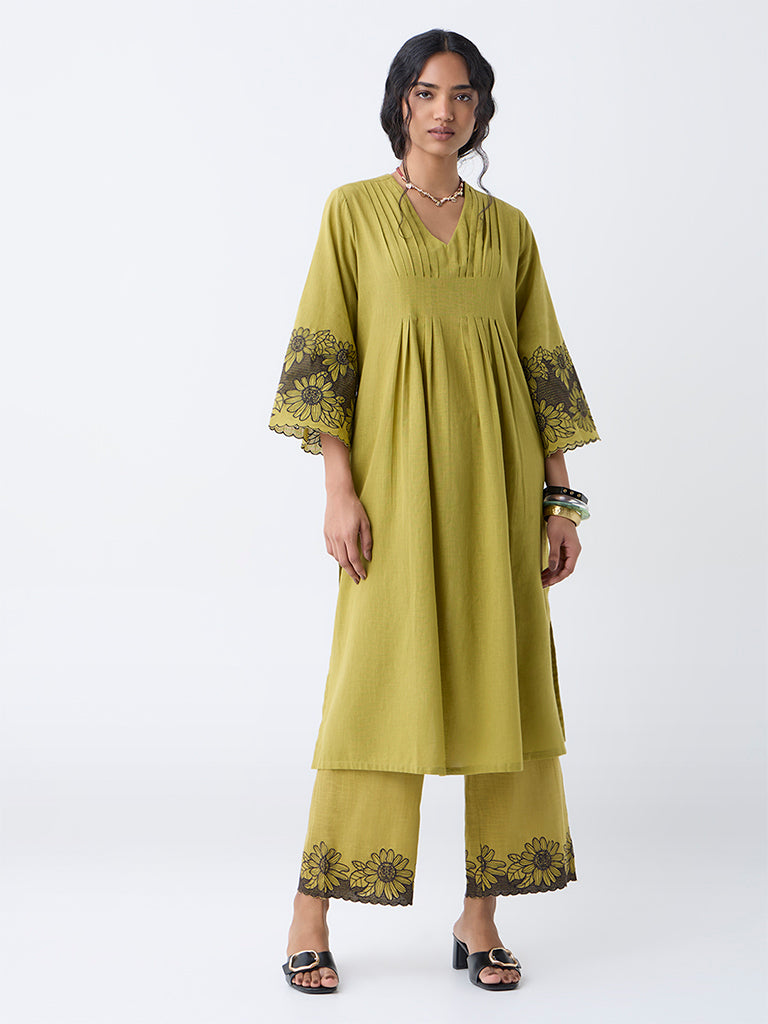 Utsa Lime Floral Embroidered Cotton Pants - Image 2