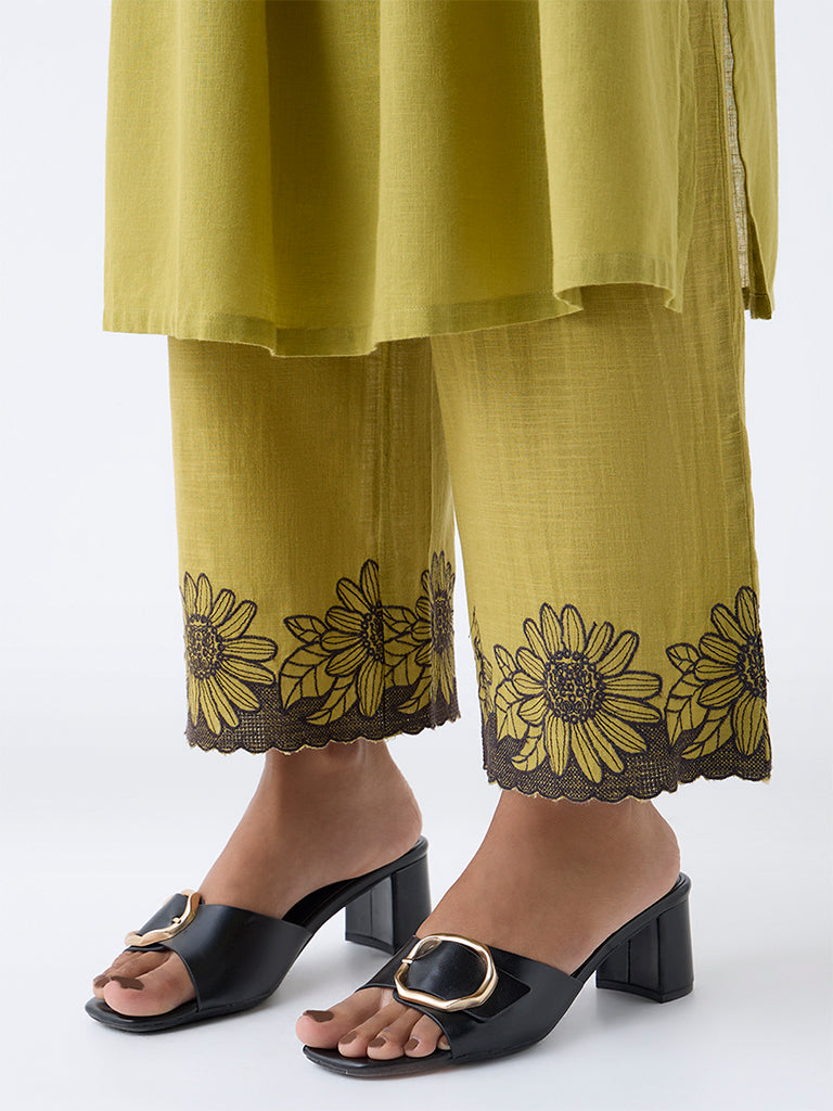 Utsa Lime Floral Embroidered Cotton Pants - Image 3