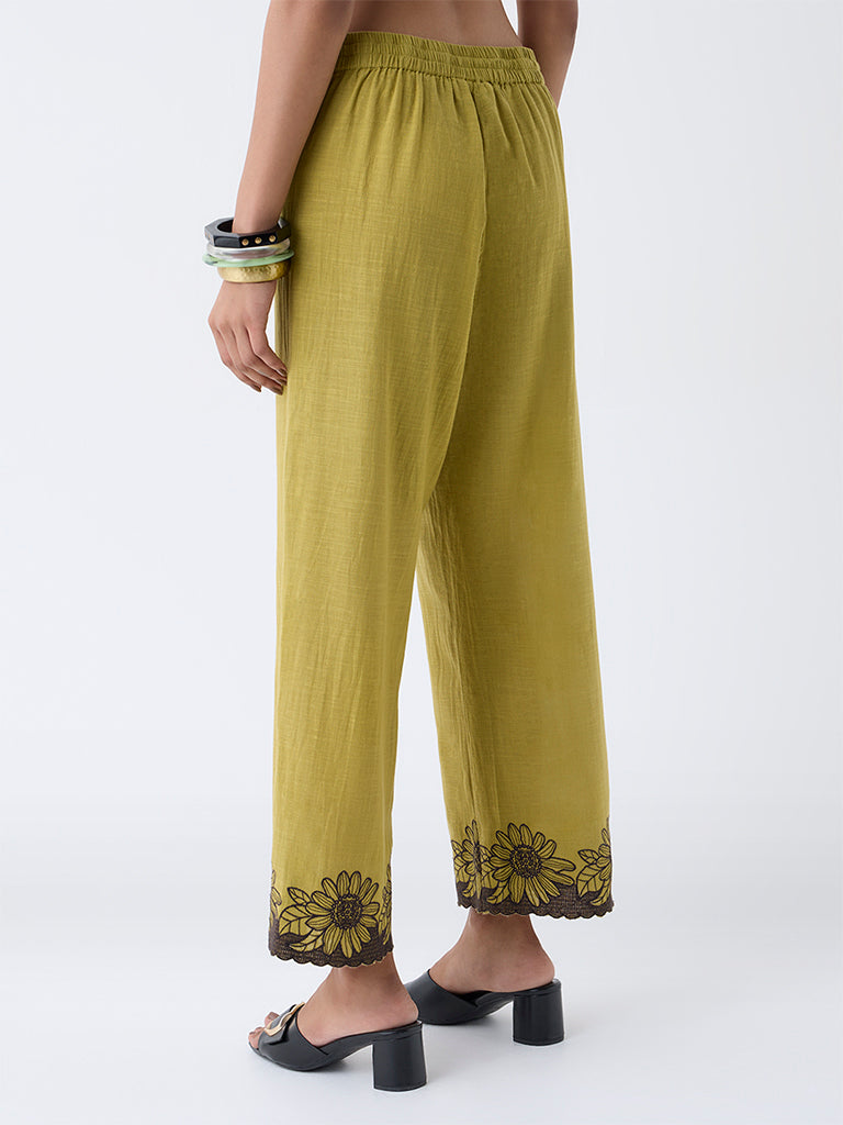 Utsa Lime Floral Embroidered Cotton Pants - Image 4