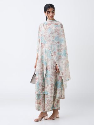 Zuba Off-White Floral Printed Dupatta