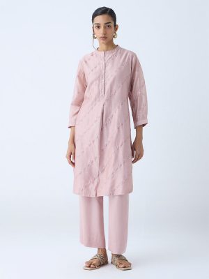 Zuba Light Pink Floral Embroidered A-Line Kurta