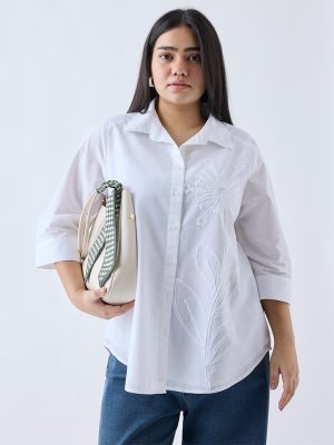 Gia White Floral Embroidered Cotton Shirt