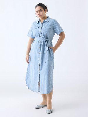 Gia Blue Striped Cotton-Blend Shirt Dress with Belt