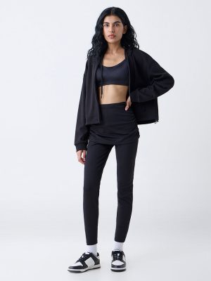 Studiofit Black Ruched High-Rise Cotton-Blend Pants