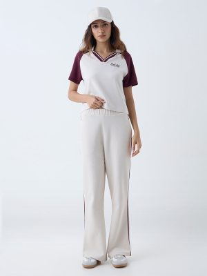 Studiofit Cream Striped High-Rise Pants