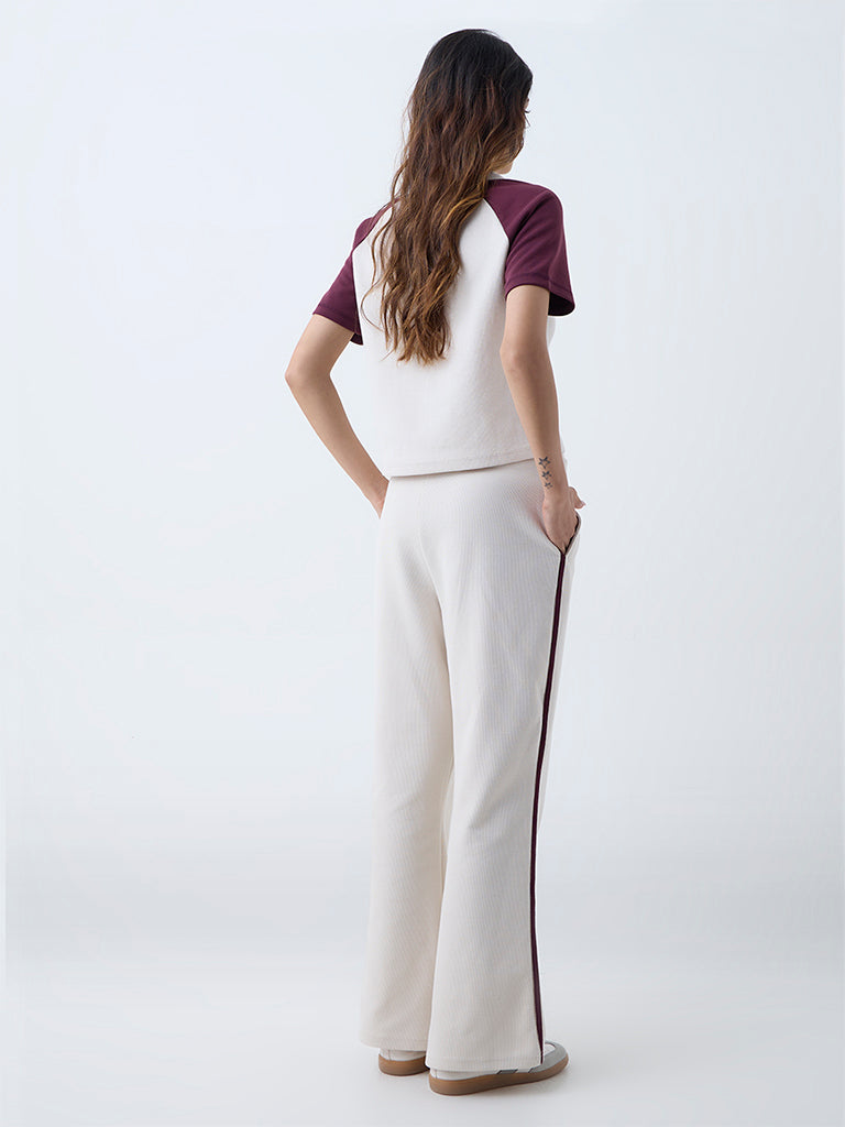 Studiofit Cream Striped High-Rise Pants - Image 4