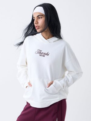 Studiofit Off-White Text Design Cotton Hoodie