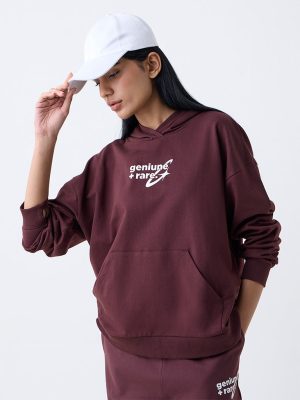 Studiofit Dark Brown Typographic Cotton Hoodie