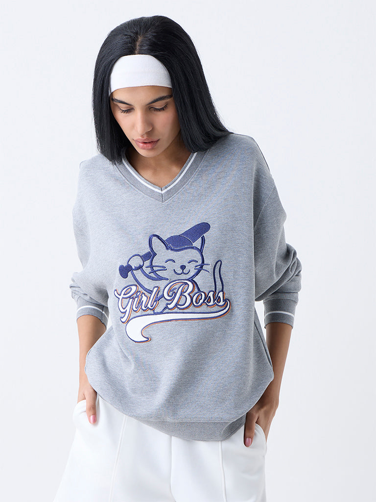 Studiofit Grey Text Detailed Sweatshirt - Image 2