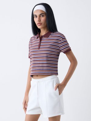 Studiofit Dark Brown Striped Cotton-Blend Polo T-Shirt