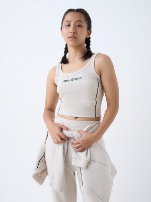 Studiofit Cream Text Design Cotton-Blend Tank Top