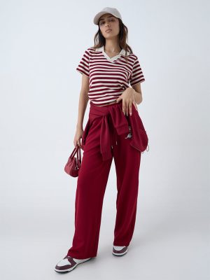 Studiofit Maroon Striped Cotton-Blend T-Shirt