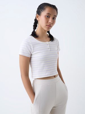 Studiofit Off-White Striped Ribbed Cotton-Blend T-Shirt