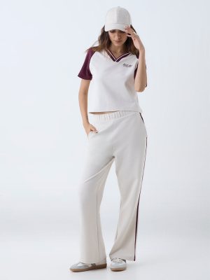 Studiofit Cream Colour-Blocked Cotton-Blend T-Shirt