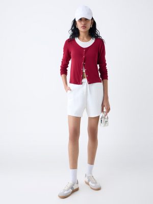 Studiofit Maroon Ribbed-Textured T-Shirt