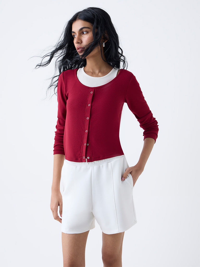 Studiofit Maroon Ribbed-Textured T-Shirt - Image 2