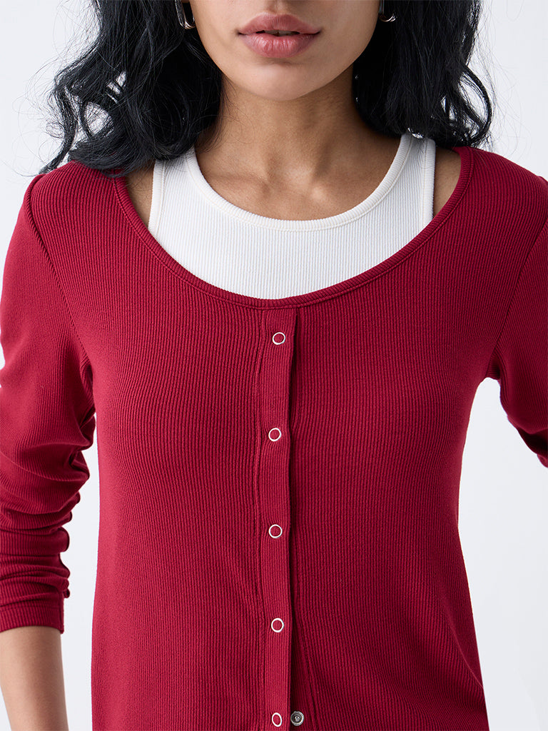 Studiofit Maroon Ribbed-Textured T-Shirt - Image 3