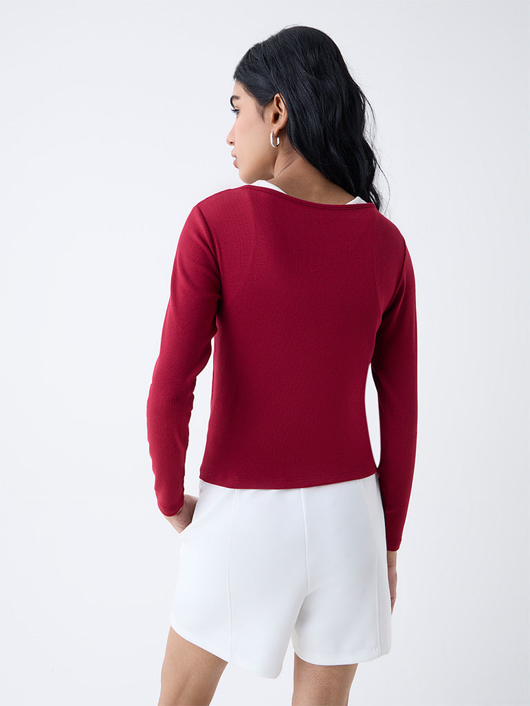 Studiofit Maroon Ribbed-Textured T-Shirt - Image 4