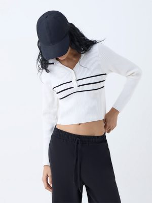 Studiofit Cream Stripe Ribbed Top
