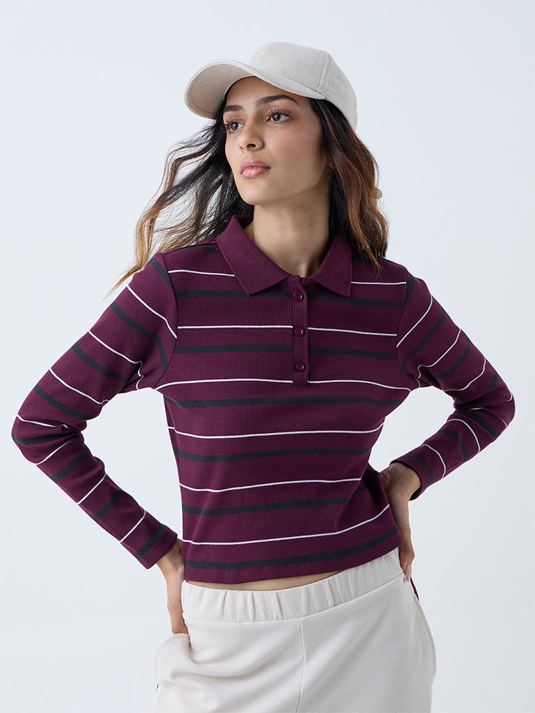 Studiofit Plum Striped Cotton-Blend T-Shirt - Image 2
