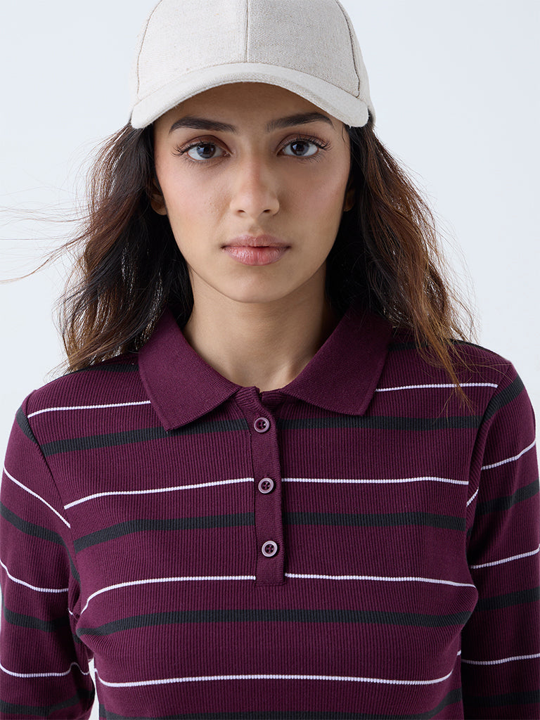 Studiofit Plum Striped Cotton-Blend T-Shirt - Image 3
