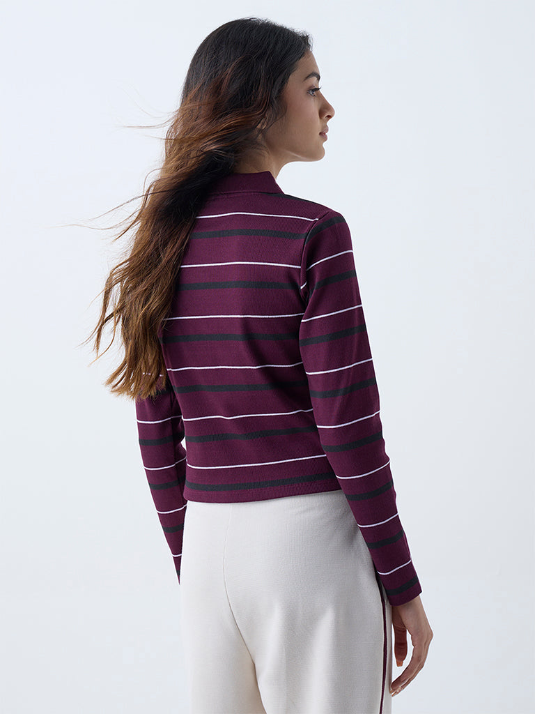 Studiofit Plum Striped Cotton-Blend T-Shirt - Image 4