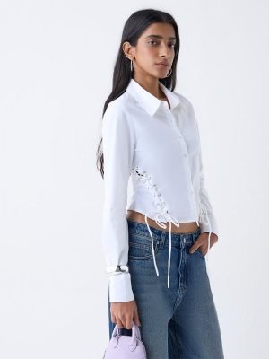 Nuon White Criss-Cross Detailed Cotton-Blend Shirt