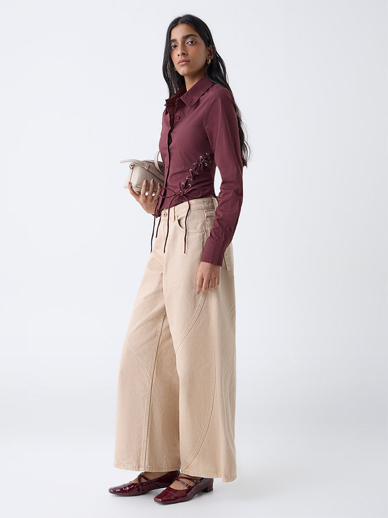 Nuon Maroon Criss-Cross Detailed Cotton-Blend Shirt