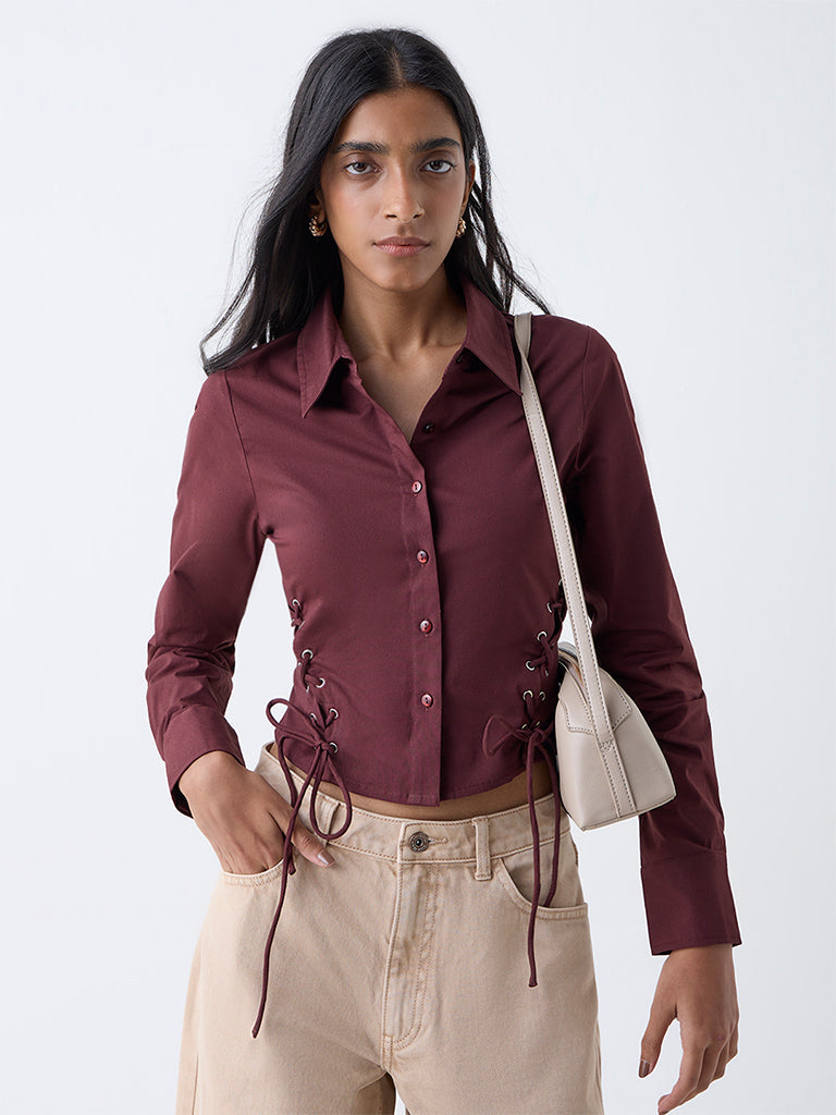 Nuon Maroon Criss-Cross Detailed Cotton-Blend Shirt - Image 2