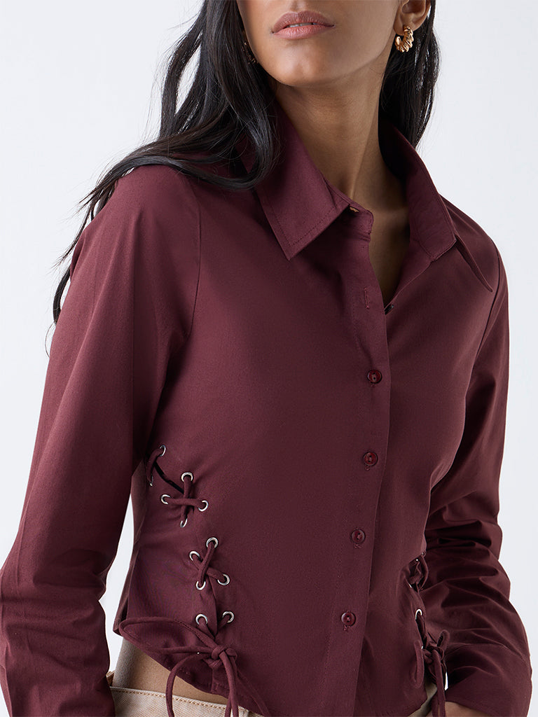 Nuon Maroon Criss-Cross Detailed Cotton-Blend Shirt - Image 3