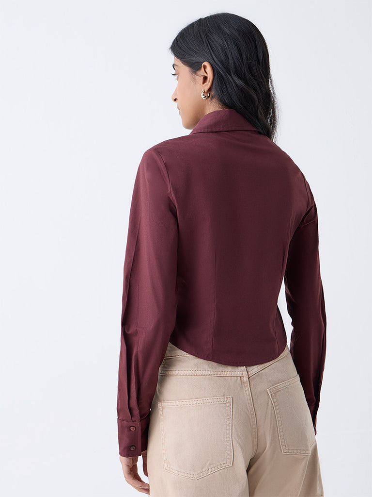 Nuon Maroon Criss-Cross Detailed Cotton-Blend Shirt - Image 4