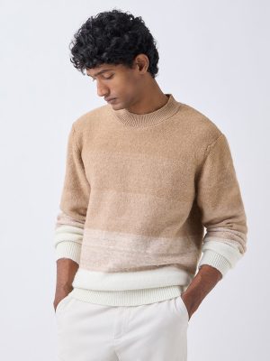 WES Casuals Beige Colour-Blocked Relaxed-Fit Sweater