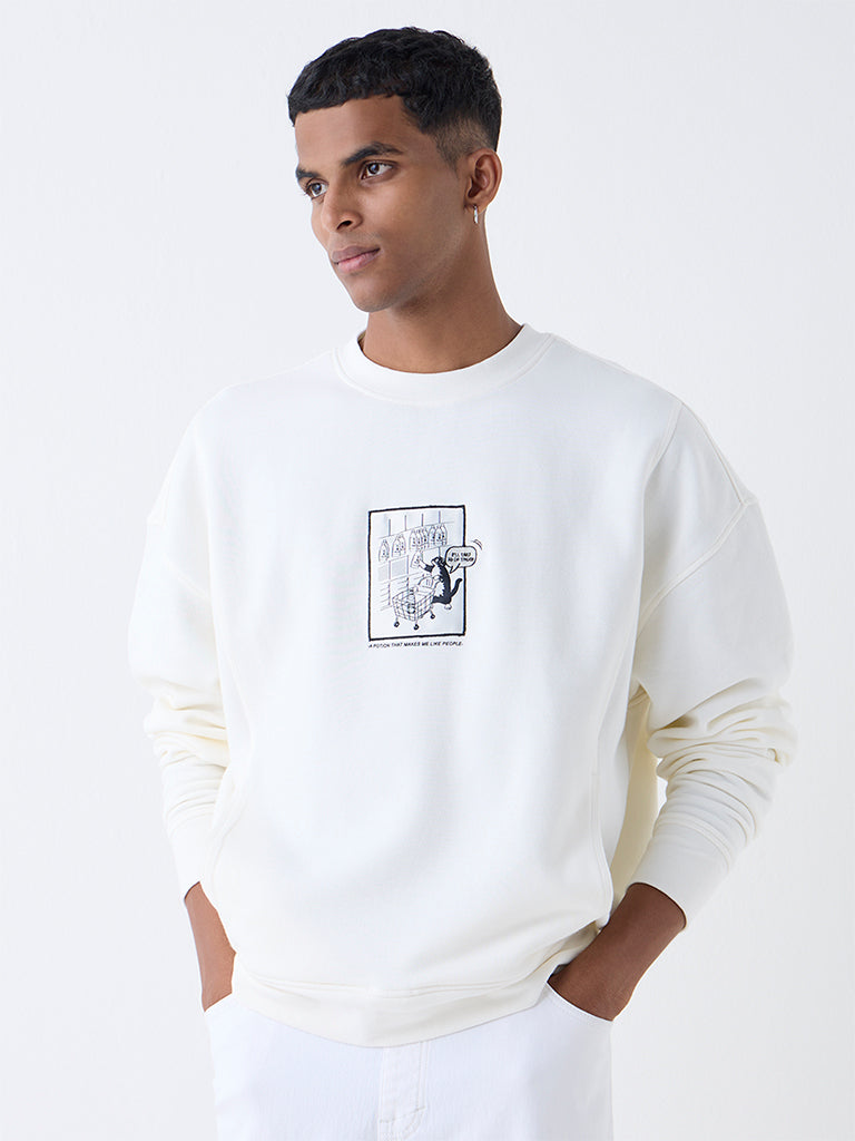 Nuon Off-White Printed Relaxed-Fit Cotton-Blend Sweatshirt