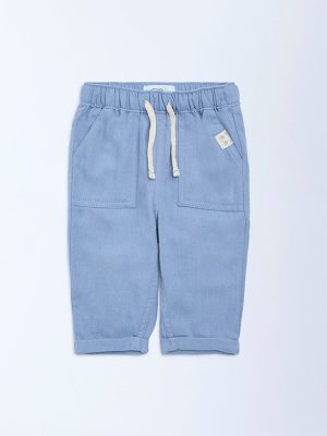 HOP Baby Blue Solid Mid-Rise Cotton-Blend Trousers
